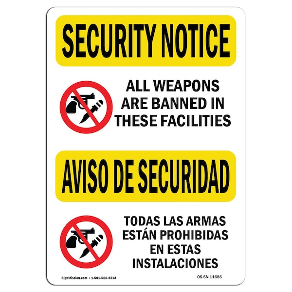 OSHA Security Sign, 3.5" Height, 5" Width, Weapons Are Banned Bilingual, Landscape, 10PK